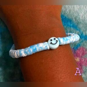 Handmade Blue Sea Smiley Face Heishi Polymer Clay Beads Stretchy Bracelet Anklet